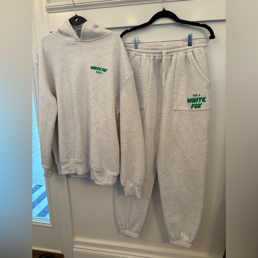White Fox Boutique Gray Track Pants with Green Logo